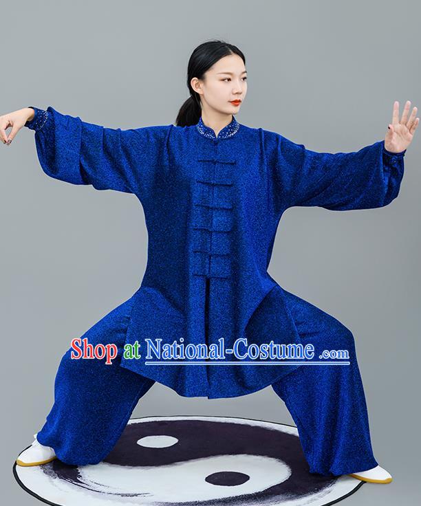 Chinese Traditional Tai Chi Training Bright Silk Royalblue Costumes Martial Arts Performance Outfits for Women