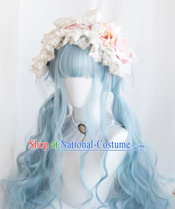 Top Grade Cosplay Blue Wigs Young Lady Long Curly Hair Wiggery Headdress for Women