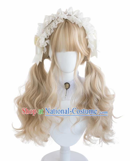 Top Grade Cosplay Light Golden Wigs Young Lady Long Curly Hair Wiggery Headdress for Women