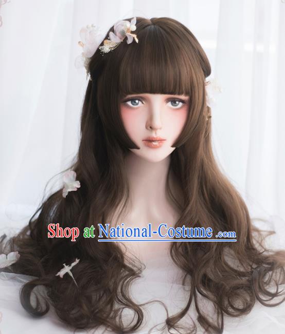 Top Grade Cosplay Lolita Brown Curly Wigs Nobility Lady Long Hair Wiggery Headdress for Women