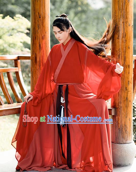 Chinese Traditional Cosplay Swordsman Red Costumes Ancient Crown Prince Clothing for Men