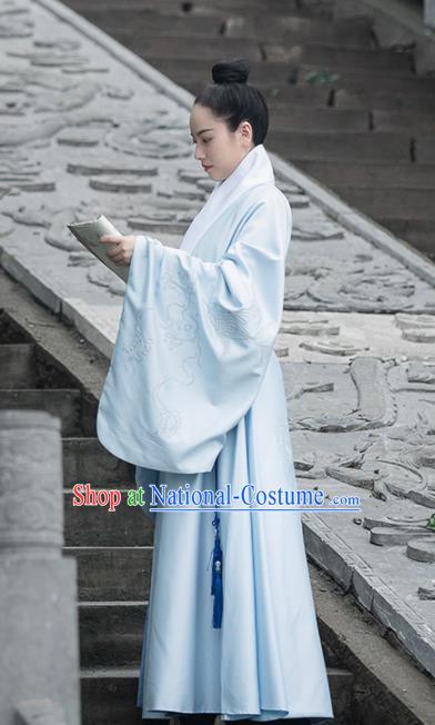 Chinese Traditional Ming Dynasty Scholar Blue Costumes Ancient Taoist Priest Clothing for Men