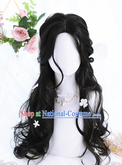 Top Grade Cosplay Lolita Black Curly Wigs Young Lady Long Hair Wiggery Headdress for Women