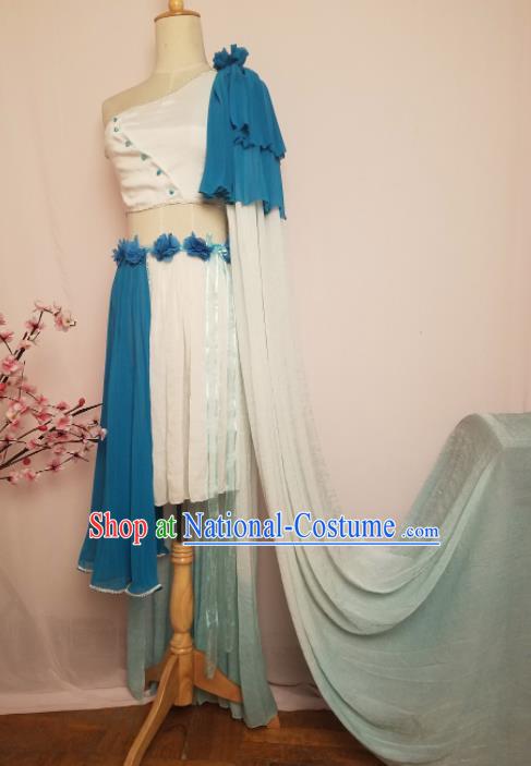 Top Grade Chinese Cosplay Fairy Princess Blue Dress Ancient Female Swordsman Costume for Women