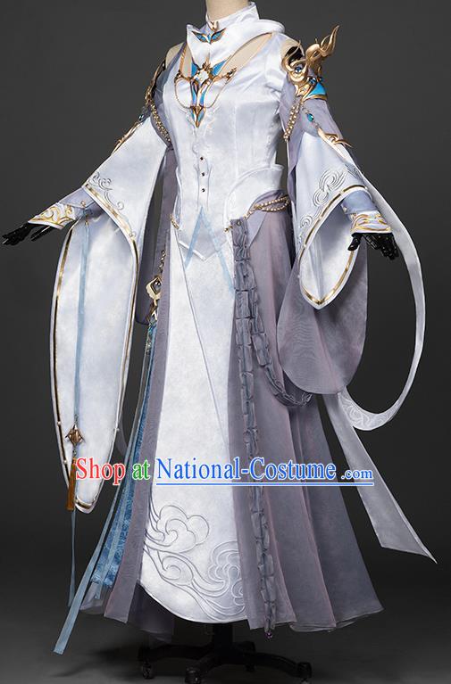 Chinese Traditional Cosplay Peri Goddess Costumes Ancient Female Swordsman White Hanfu Dress for Women