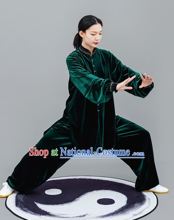 Chinese Traditional Tai Chi Training Green Velvet Costumes Martial Arts Performance Outfits for Women