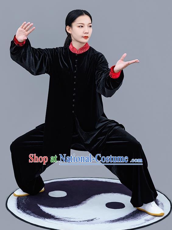 Chinese Traditional Tai Chi Training Black Velvet Costumes Martial Arts Performance Outfits for Women