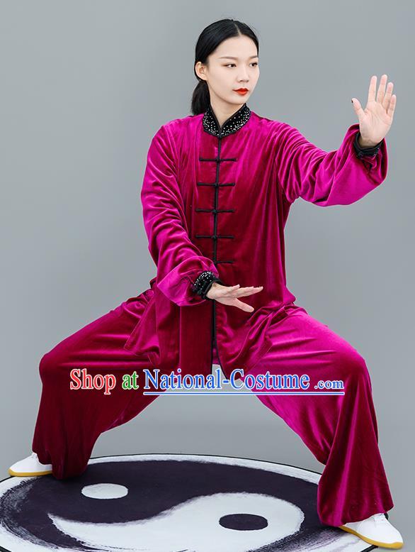 Chinese Traditional Tai Chi Training Rosy Velvet Costumes Martial Arts Performance Outfits for Women