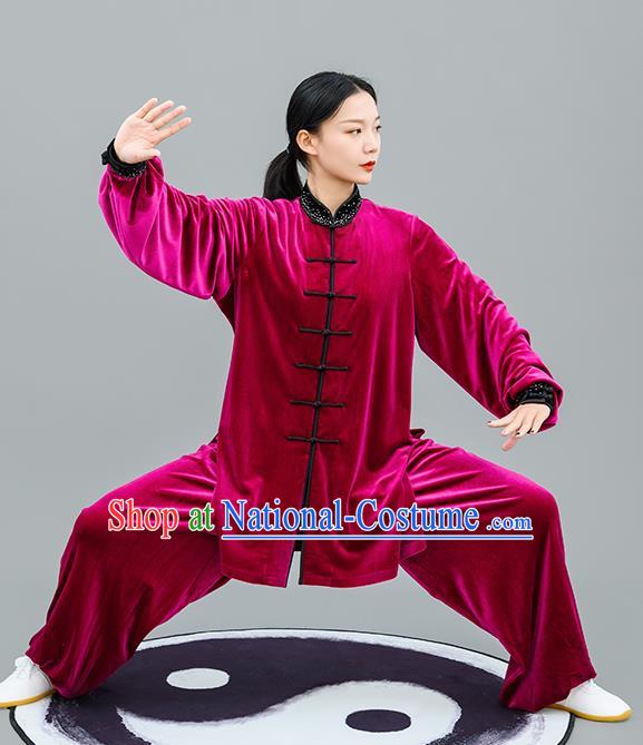 Chinese Traditional Tai Chi Training Rosy Velvet Costumes Martial Arts Performance Outfits for Women