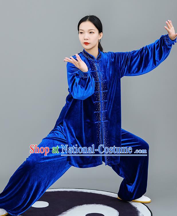 Chinese Traditional Tai Chi Training Royalblue Velvet Costumes Martial Arts Performance Outfits for Women