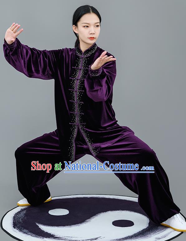 Chinese Traditional Tai Chi Training Purple Velvet Costumes Martial Arts Performance Outfits for Women