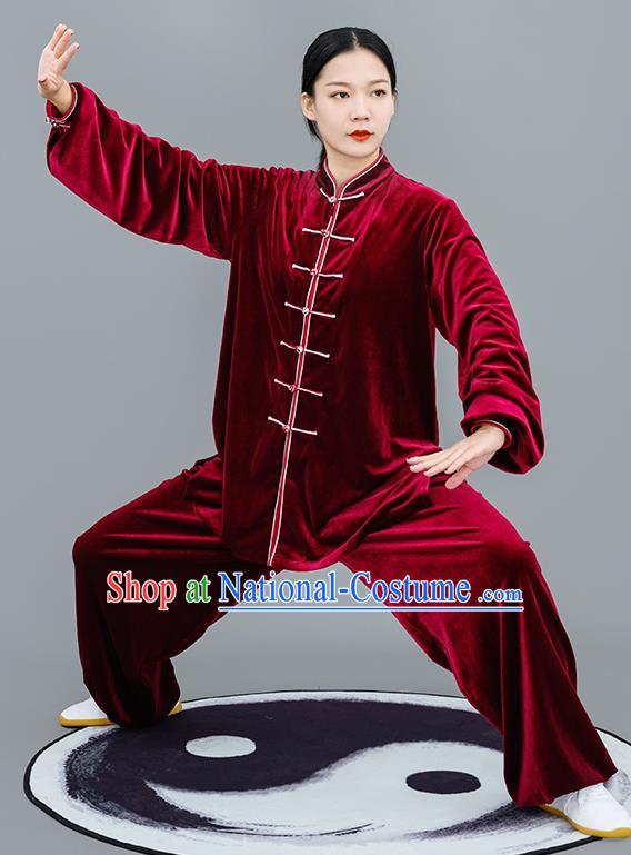 Chinese Traditional Tai Chi Training Purplish Red Velvet Costumes Martial Arts Performance Outfits for Women