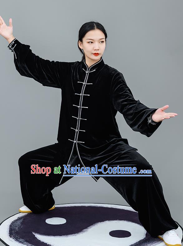 Chinese Traditional Tai Chi Training Black Velvet Costumes Martial Arts Performance Outfits for Women