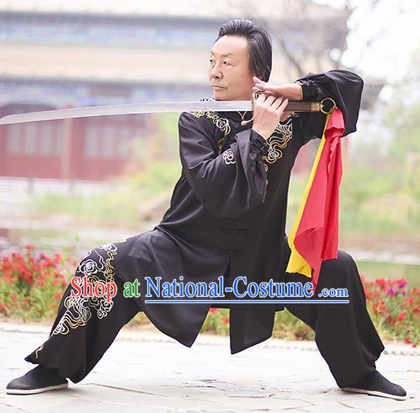 Chinese Traditional Tai Chi Training Embroidered Clouds Black Costumes Martial Arts Performance Outfits for Men