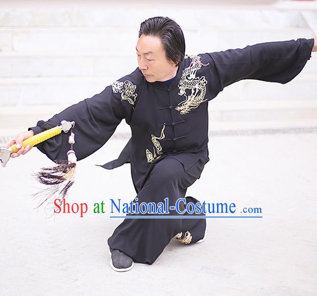 Chinese Traditional Tai Chi Training Embroidered Dragon Black Costumes Martial Arts Performance Outfits for Men