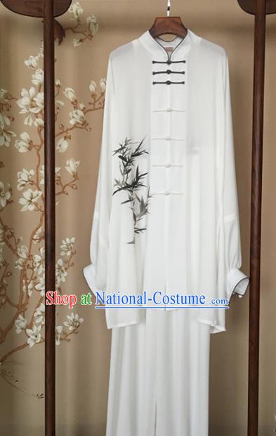 Chinese Traditional Tai Chi Training Printing Bamboo White Costumes Martial Arts Performance Outfits for Men