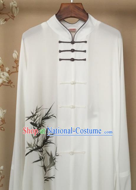 Chinese Traditional Tai Chi Training Printing Bamboo White Costumes Martial Arts Performance Outfits for Men