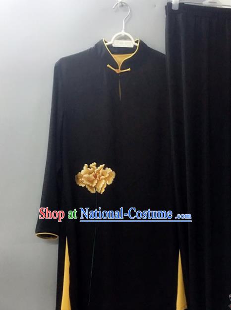 Chinese Traditional Tai Chi Training Embroidered Yellow Peony Velvet Costumes Martial Arts Performance Outfits for Women