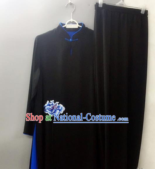 Chinese Traditional Tai Chi Training Embroidered Blue Peony Velvet Costumes Martial Arts Performance Outfits for Women