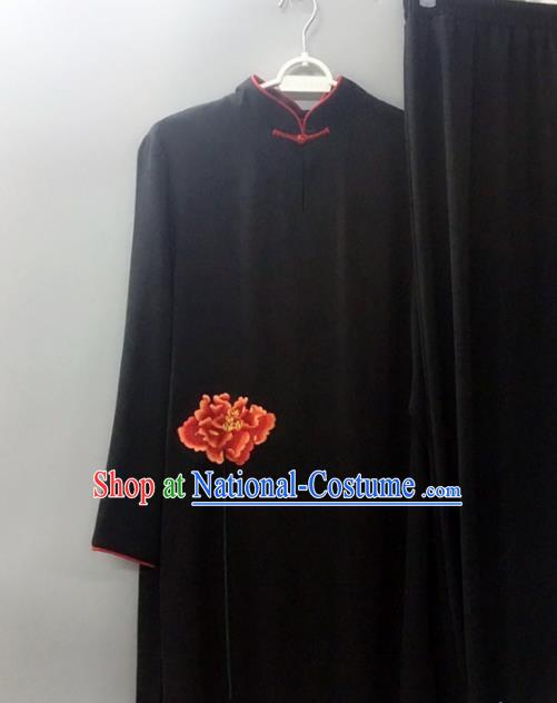 Chinese Traditional Tai Chi Training Embroidered Red Peony Velvet Costumes Martial Arts Performance Outfits for Women