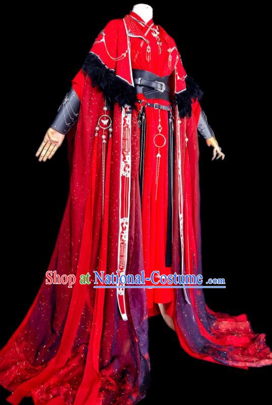 Chinese Traditional Cosplay Swordsman Wedding Costumes Ancient Royal Highness King Red Clothing for Men