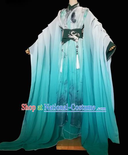 Chinese Traditional Cosplay Swordsman Green Costumes Ancient Crown Prince Clothing for Men