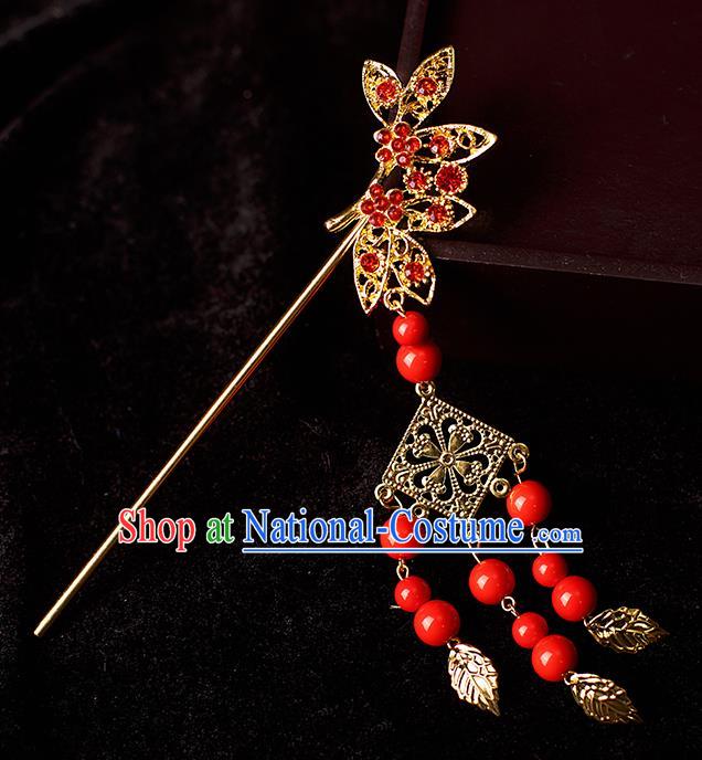 Chinese Traditional Tang Dynasty Princess Red Beads Tassel Hairpins Ancient Palace Lady Headdress for Women