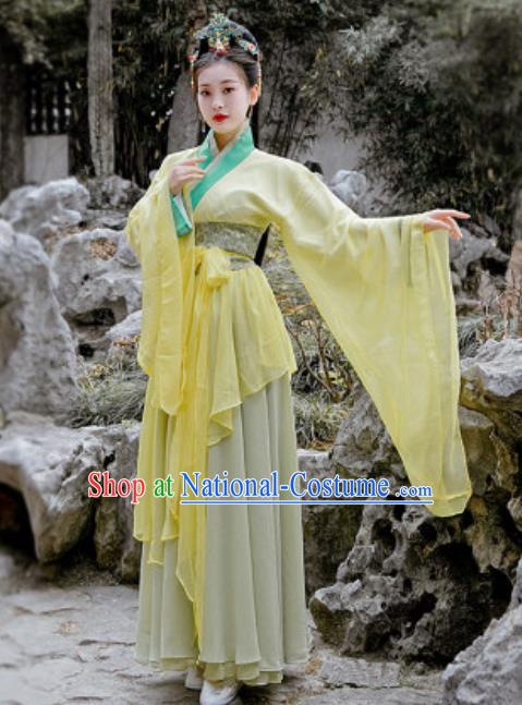 Chinese Traditional Qin Dynasty Court Princess Costumes Ancient Drama Swordsman Yellow Hanfu Dress for Women