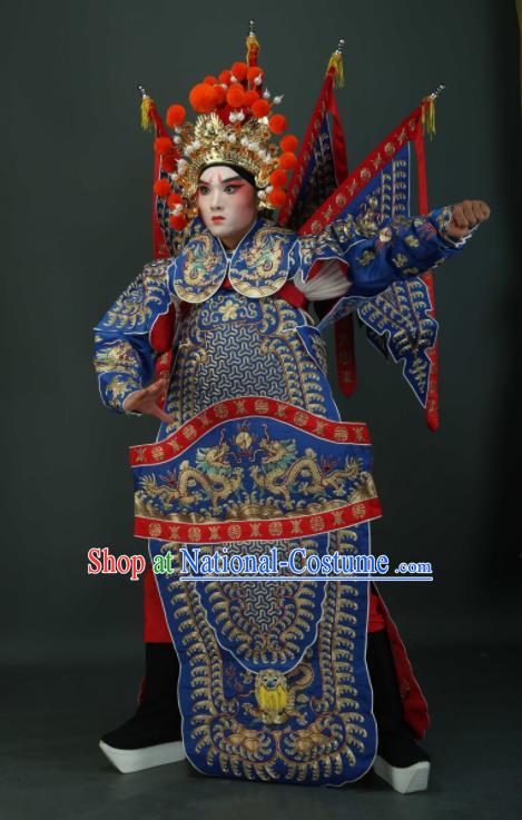 Chinese Traditional Beijing Opera Chu King Blue Costumes Peking Opera Takefu Embroidered Da Kao Clothing for Men