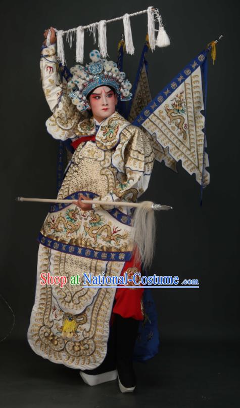 Chinese Traditional Beijing Opera Chu King White Costumes Peking Opera Takefu Embroidered Da Kao Clothing for Men