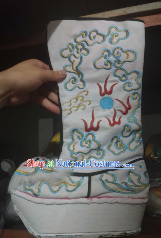 Chinese Traditional Beijing Opera White Embroidered Dragon Boots Peking Opera Takefu Shoes for Men