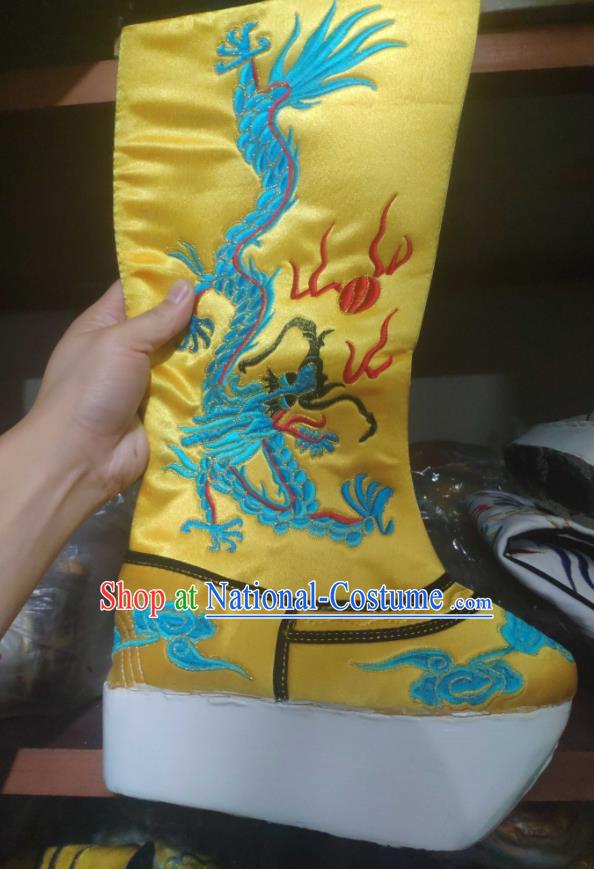 Chinese Traditional Beijing Opera Embroidered Dragon Yellow Boots Peking Opera Takefu Shoes for Men