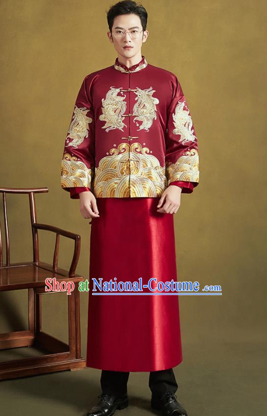 Chinese Traditional Wedding Tang Suit Costumes Ancient Bridegroom Embroidered Blouse and Long Gown for Men