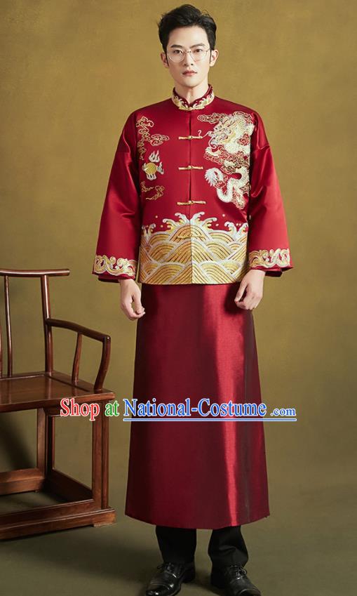 Chinese Traditional Wedding Tang Suit Costumes Ancient Bridegroom Embroidered Dragon Blouse and Long Gown for Men