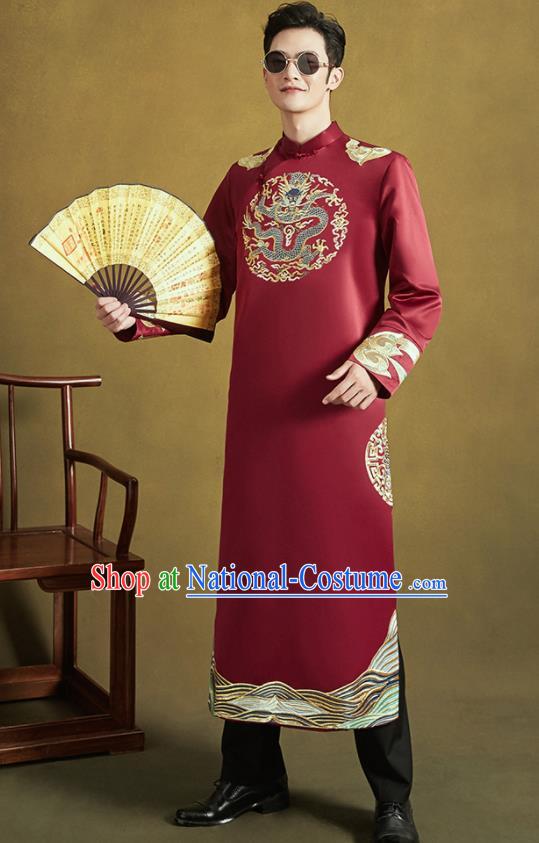 Chinese Ancient Bridegroom Embroidered Red Long Gown Traditional Wedding Tang Suit Costumes for Men