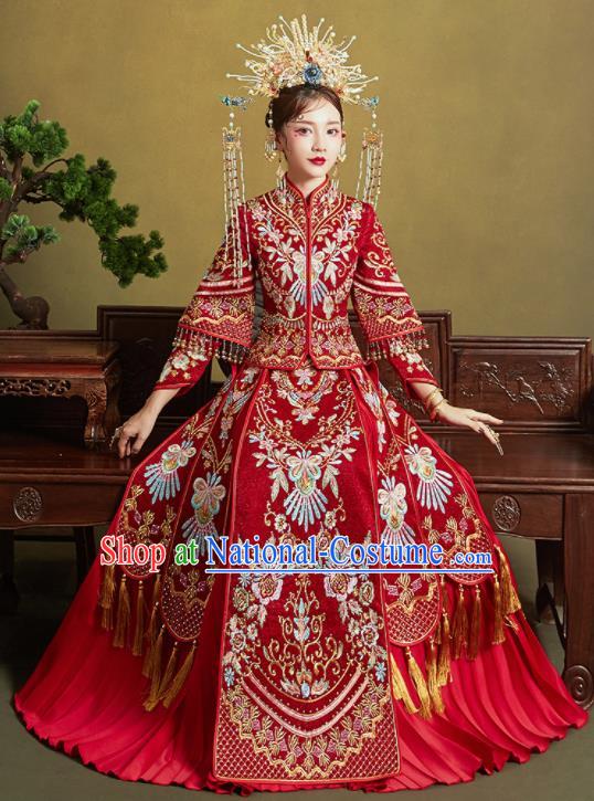 Chinese Traditional Embroidered Xiu He Suit Ancient Wedding Red Dress Bride Costumes for Women