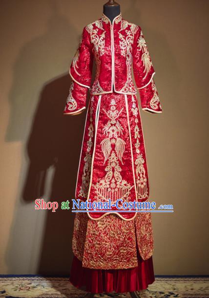 Chinese Traditional Xiu He Suit Ancient Wedding Embroidered Red Dress Bride Costumes for Women