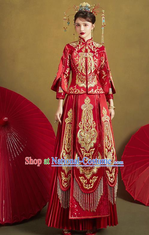 Chinese Traditional Red Xiu He Suit Embroidered Wedding Dress Ancient Bride Costumes for Women