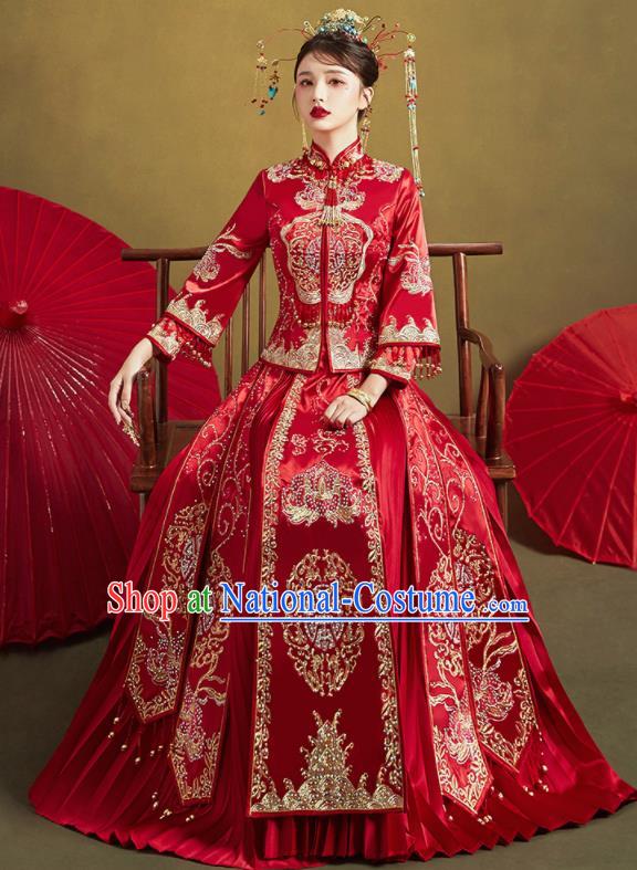 Chinese Traditional Drilling Red Xiu He Suit Embroidered Wedding Dress Ancient Bride Costumes for Women