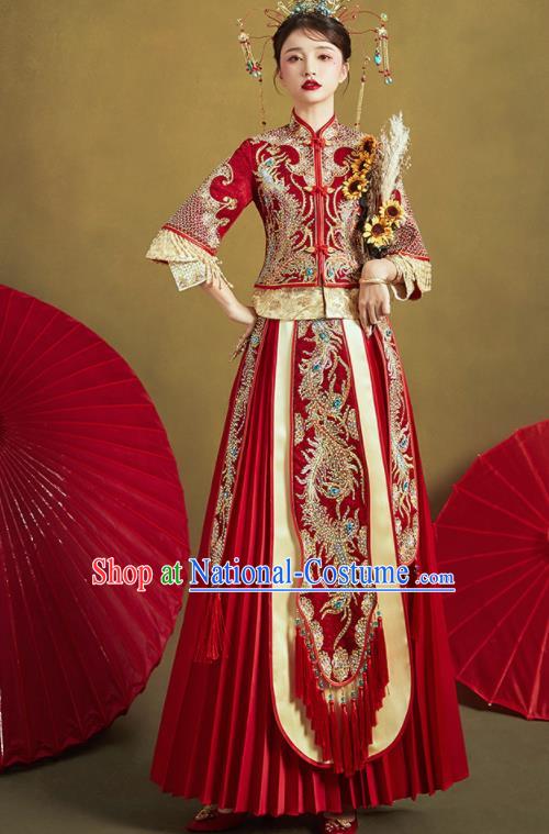 Chinese Traditional Drilling Red Xiu He Suit Embroidered Phoenix Wedding Dress Ancient Bride Costumes for Women