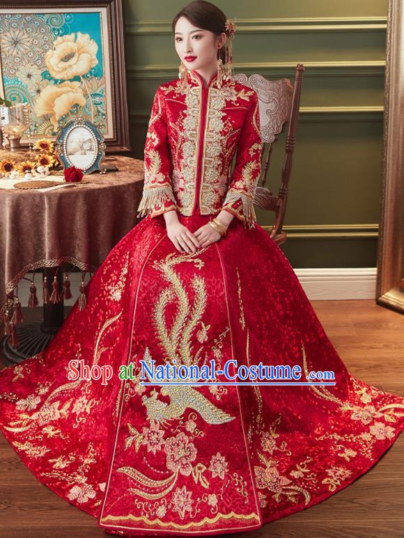 Chinese Traditional Embroidered Phoenix Drilling Red Xiu He Suit Wedding Dress Ancient Bride Costumes for Women