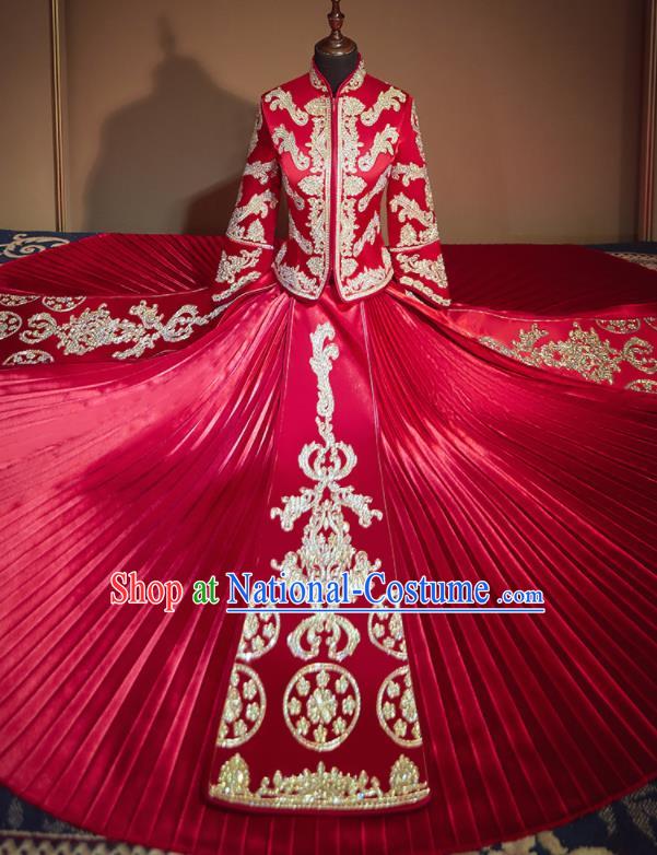 Chinese Traditional Embroidered Drilling Red Xiu He Suit Wedding Dress Ancient Bride Costumes for Women