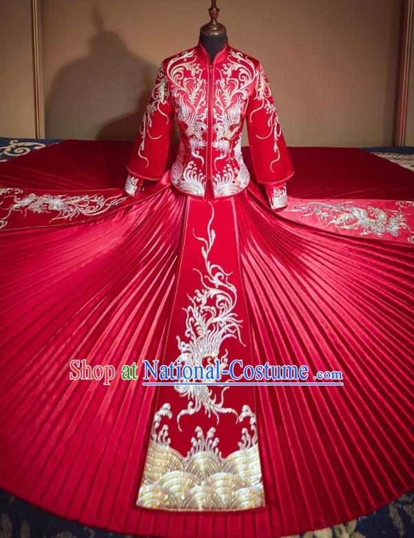 Chinese Traditional Embroidered Drilling Phoenix Red Xiu He Suit Wedding Dress Ancient Bride Costumes for Women