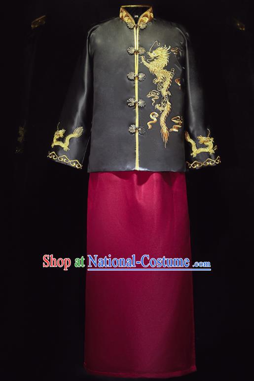 Chinese Ancient Bridegroom Embroidered Black Mandarin Jacket and Wine Red Long Gown Traditional Wedding Tang Suit Costumes for Men