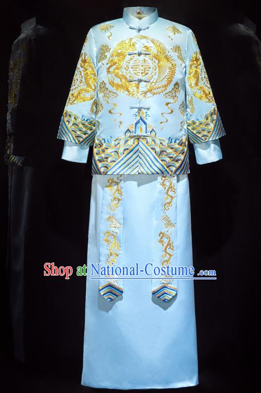 Chinese Ancient Bridegroom Embroidered Blue Mandarin Jacket and Long Gown Traditional Wedding Tang Suit Costumes for Men