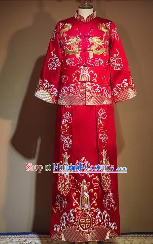 Chinese Ancient Bridegroom Embroidered Red Mandarin Jacket and Long Gown Traditional Wedding Tang Suit Costumes for Men