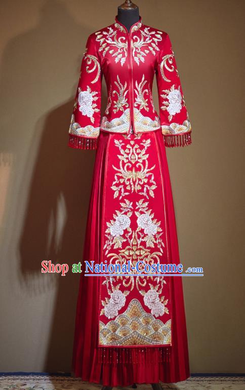 Chinese Traditional Embroidered Peony Drilling Red Xiu He Suit Wedding Dress Ancient Bride Costumes for Women