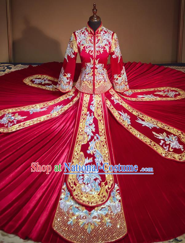 Chinese Traditional Embroidered Drilling Red Xiu He Suit Wedding Dress Ancient Bride Costumes for Women