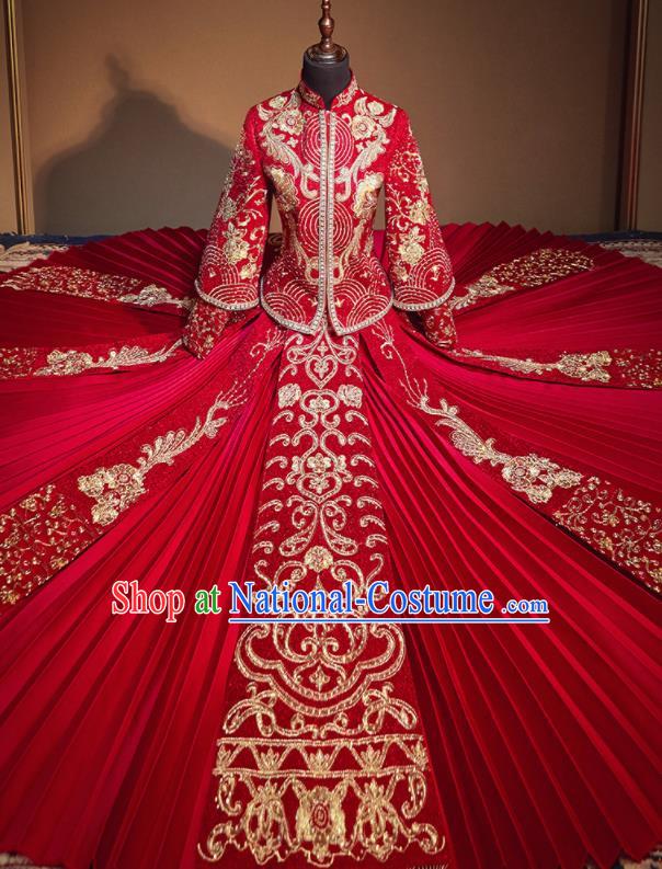 Chinese Traditional Drilling Red Xiu He Suit Embroidered Wedding Dress Ancient Bride Costumes for Women