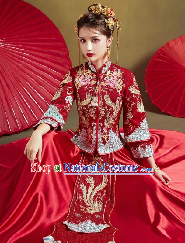 Chinese Traditional Drilling Red Xiu He Suit Embroidered Phoenix Peony Wedding Dress Ancient Bride Costumes for Women